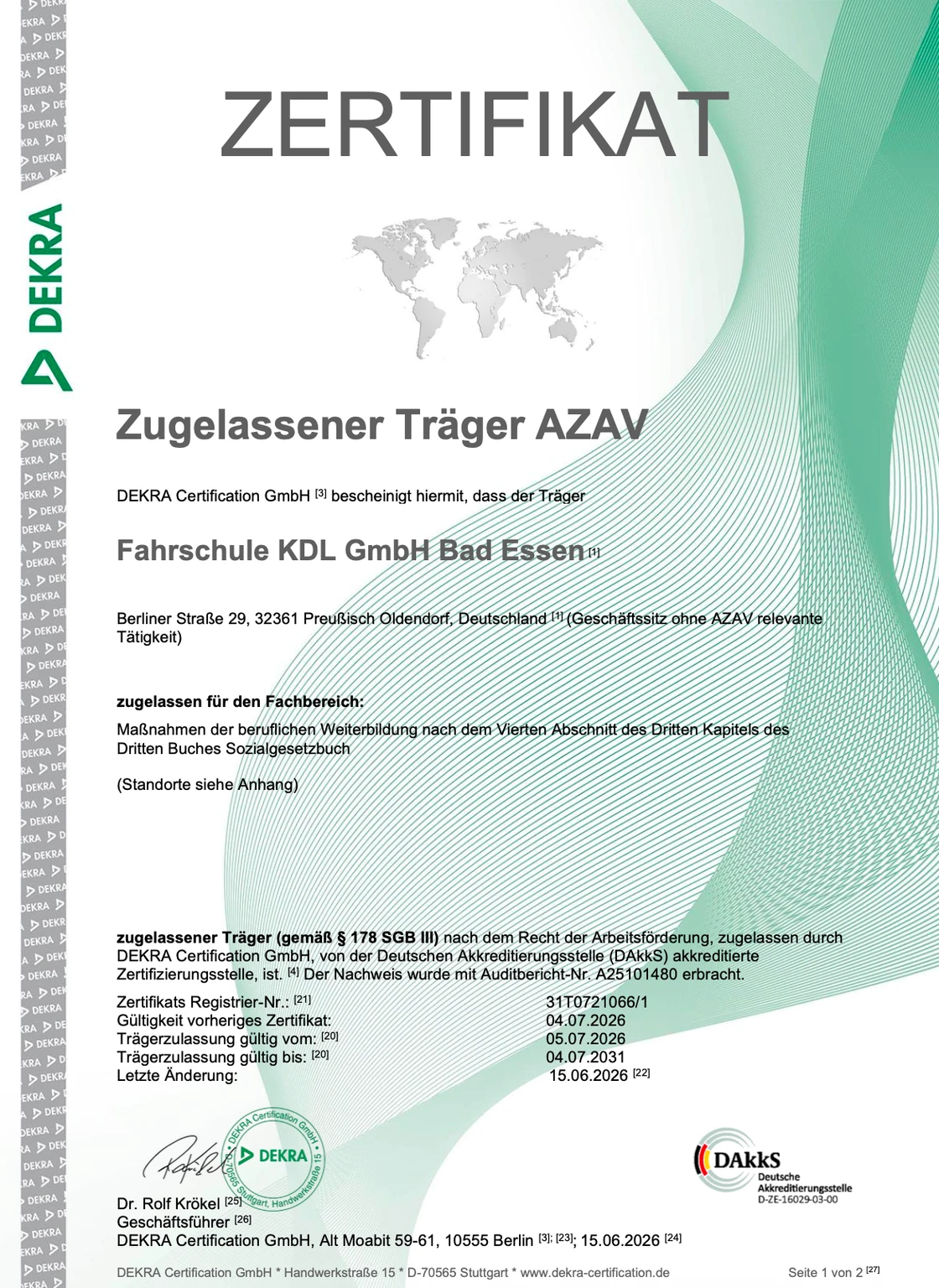 Träger-Zertifikat AZAV der Fahrschule KDL GmbH Bad Essen, ausgestellt von DEKRA Certification GmbH, gültig vom 5. Juli 2026 bis 4. Juli 2031